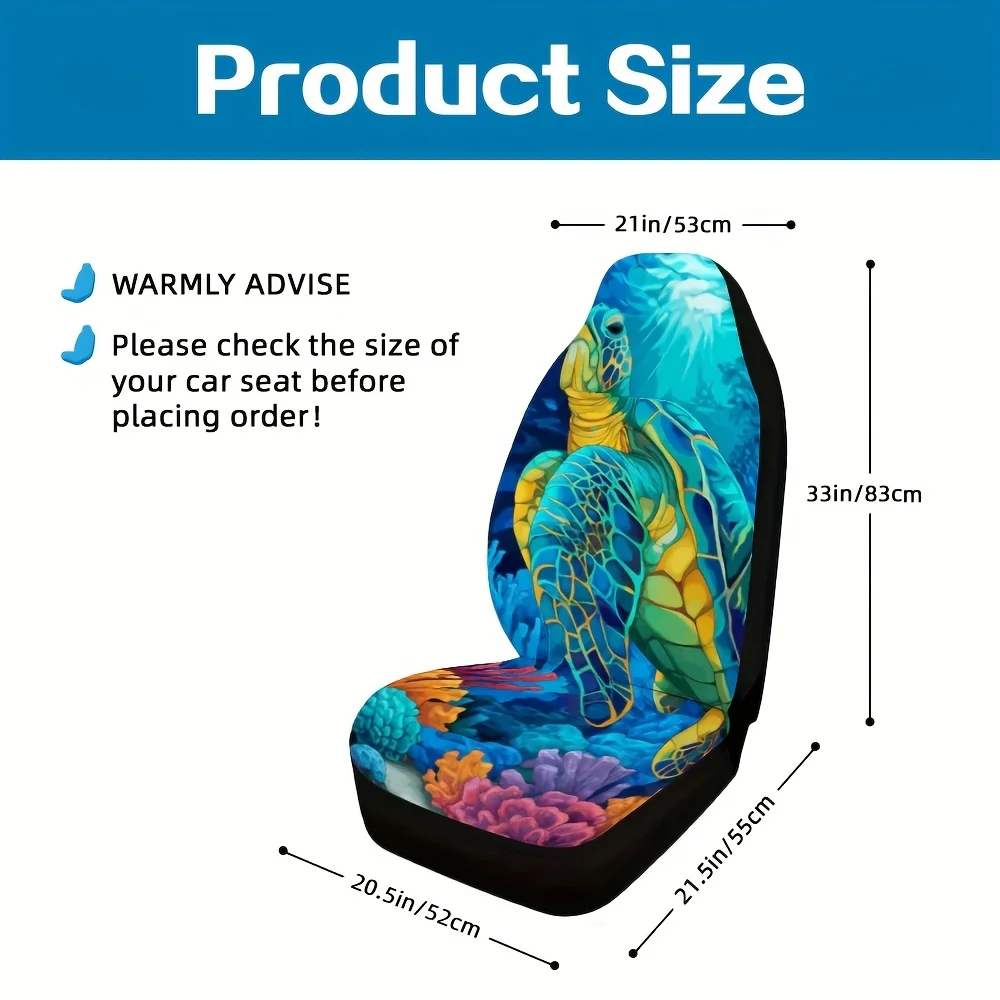 2pcs Deep Sea Blue Turtle Print Car Seat Covers - Durable & Soft, Easy To Clean, Foldable, Universal Fit For Cars, SUVs, Sedans,