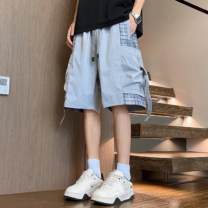 

Мужские шорты-карго в клетку с пэчворком из ледяного шелка, быстросохнущие, с завязками на талии, до колен, для уличной моды, летние повседневные шорты