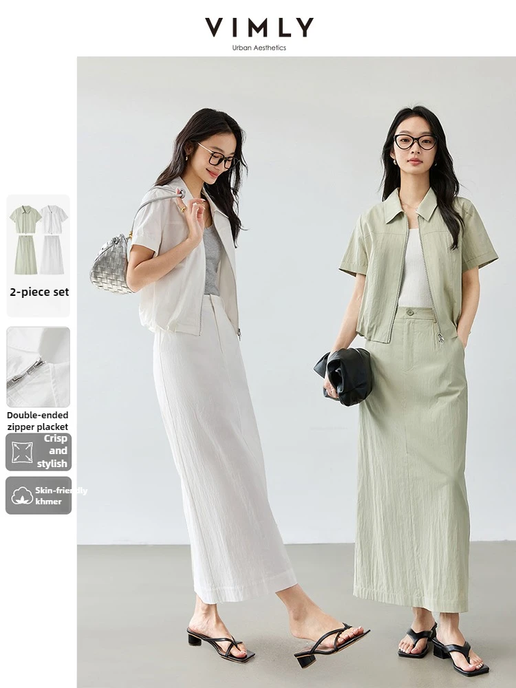 

VIMLY 2 Piece Skirt Sets 2025 Summer Woman Outfit Fashion Casual Women's Skirt Suit Short Sleeve Full Zip Top + Midi Skirt M9855
