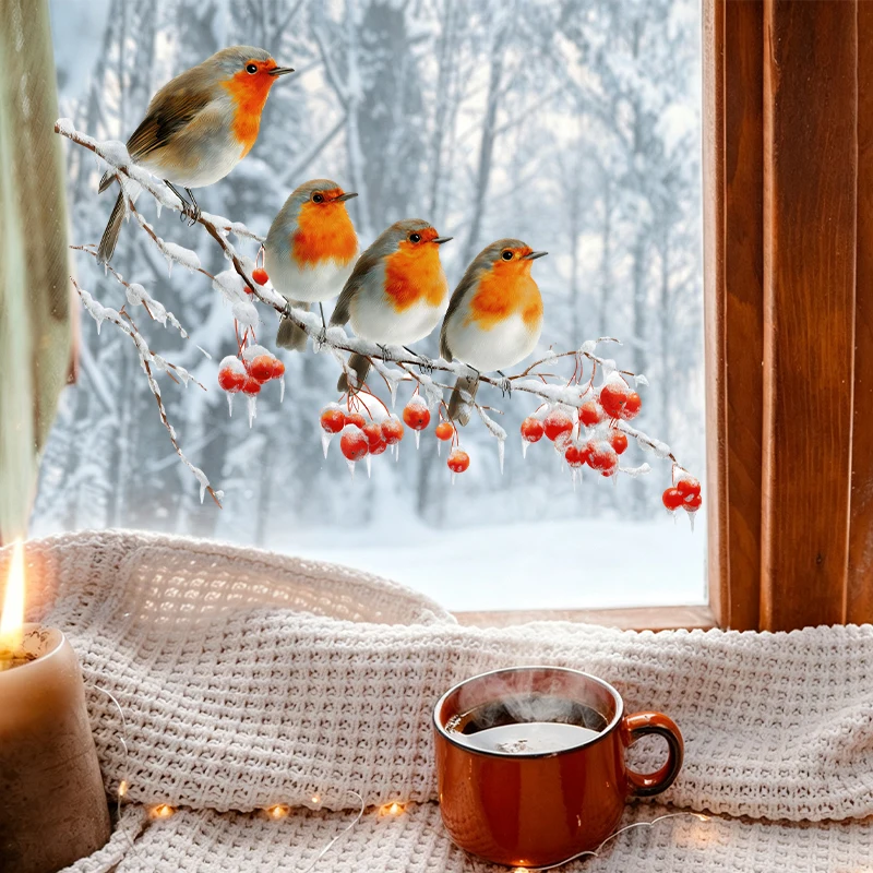 Christmas Robin Bird Static Clings Window Sticker, Double-Sided Visible, No Glue No Residue, Winter Snow Branch Window Decor