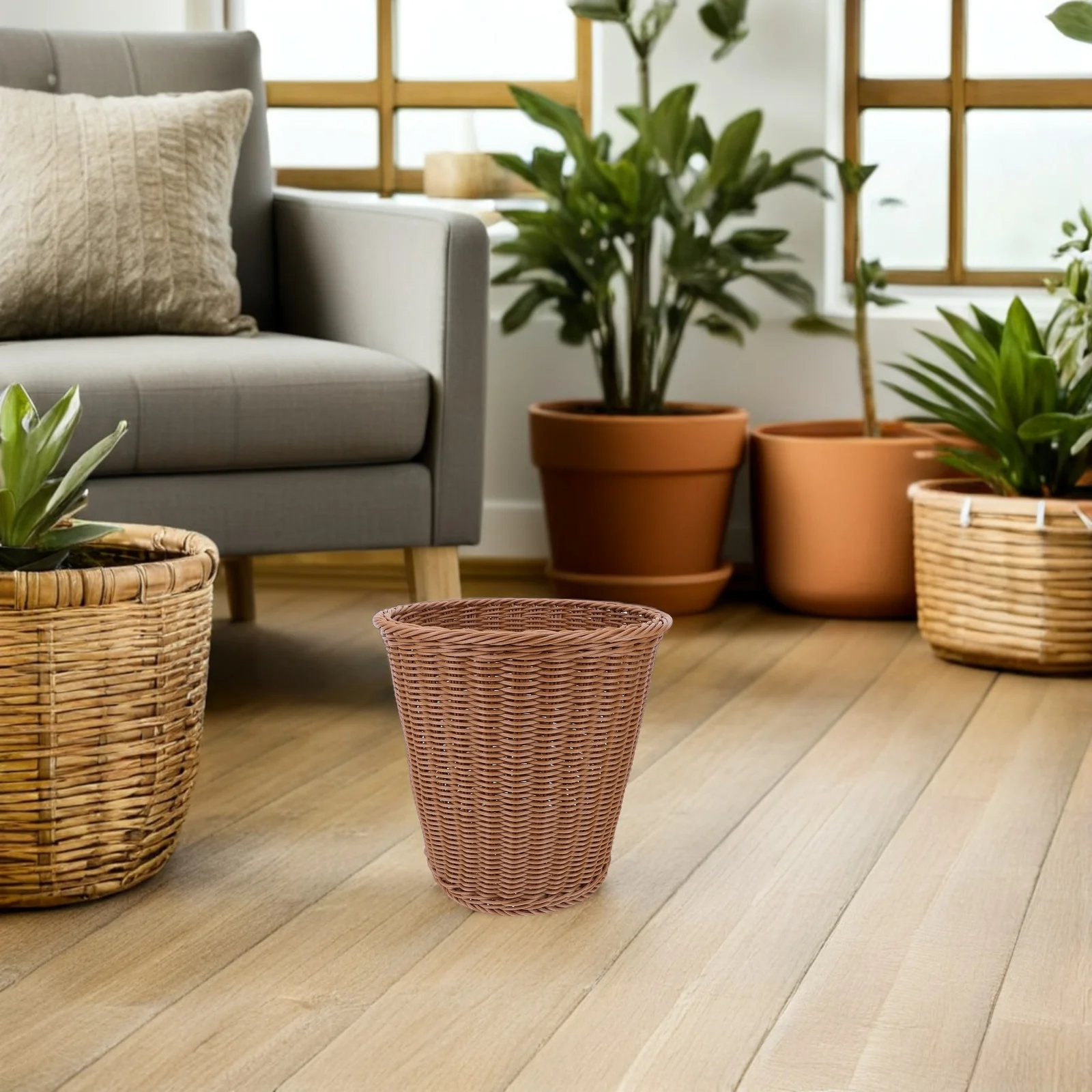 

Imitation Rattan Trash Bin Woven Wicker Waste Basket Large Capacity Plastic Garbage Can For Kitchen Bathroom Bedroom Office
