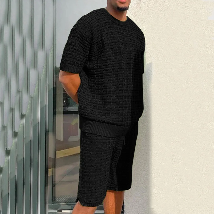 New 2024 Summer Men Shorts Set Knitted Two Piece Suits Male T-shirt and Shorts Casual Streetwear Men\'s Clothing Knit Outfits