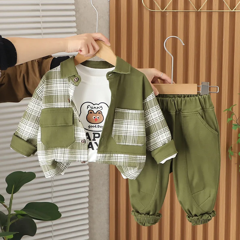 

Рождественский наряд, весенне-осенняя одежда для маленьких мальчиков от 6 до 9 месяцев, клетчатые лоскутные рубашки с длинными рукавами + футболки + брюки, детские костюмы