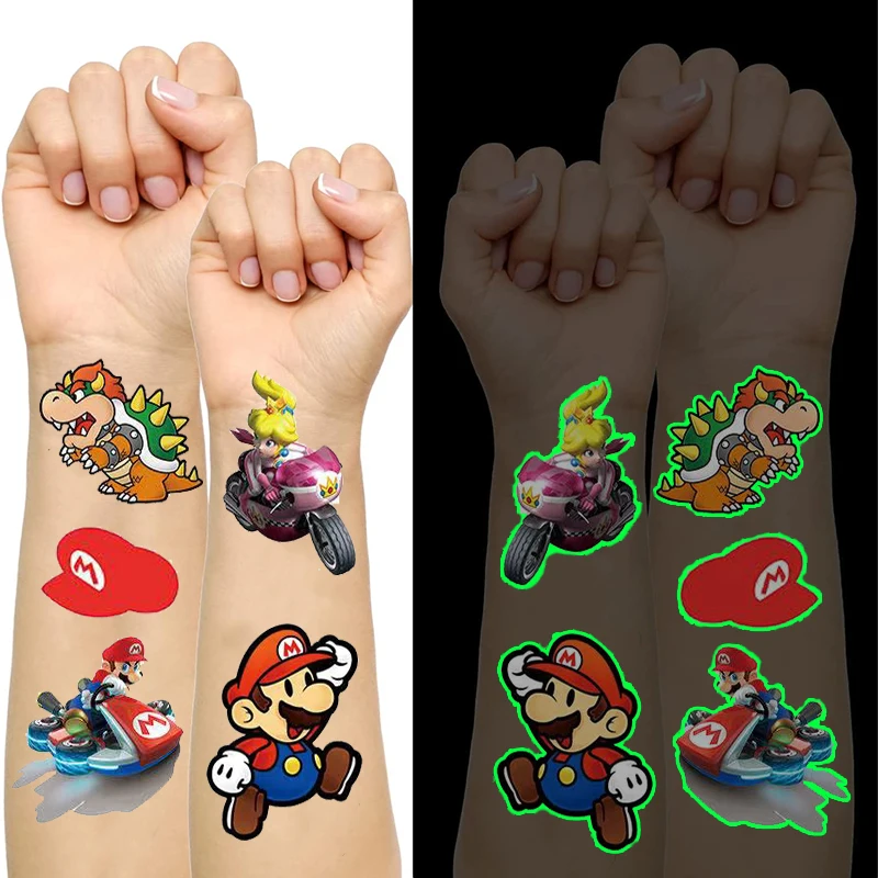 Super Brother Luminous Tattoos for Kids Mario Styles Temporary Tattoos Stickers Boys Girls Glow Party Supplies Gift for Children