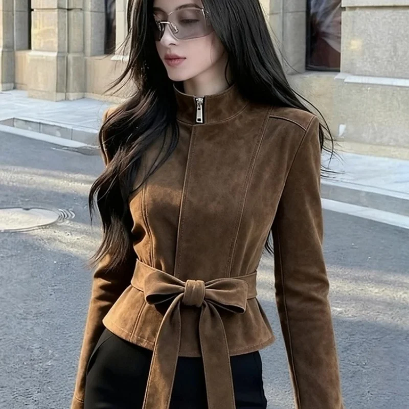 

New Fashion Lace-up Bow Brown Short Coat Women Autumn Winter Zipper Long Sleeve Stand Collar Slim Waist Elegant Jacket Outwear