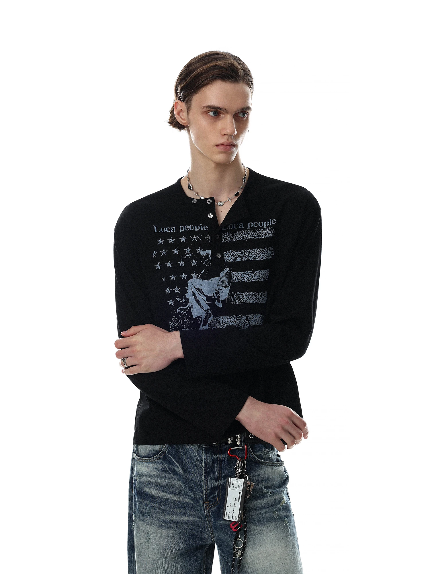 American Retro Long Sleeve T-Shirt Men's Rock Print Henry Collar Top High-End Feeling MR NEARLY Fashion Brand 2026 Trendy