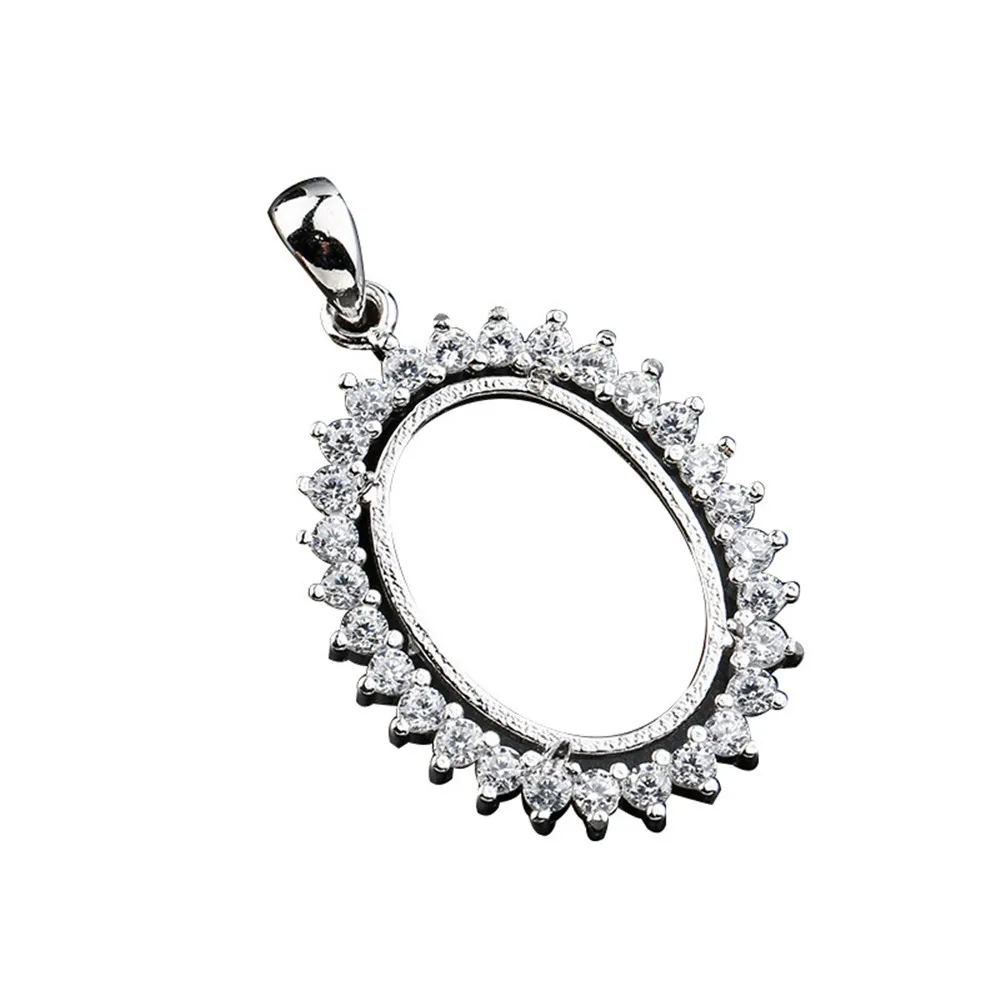 Pendant Blank (13x18mm Oval Blank) White Gold Plated 925 Silver Zircon Pave Pendant Setting Oval Cabochon Pendant Base