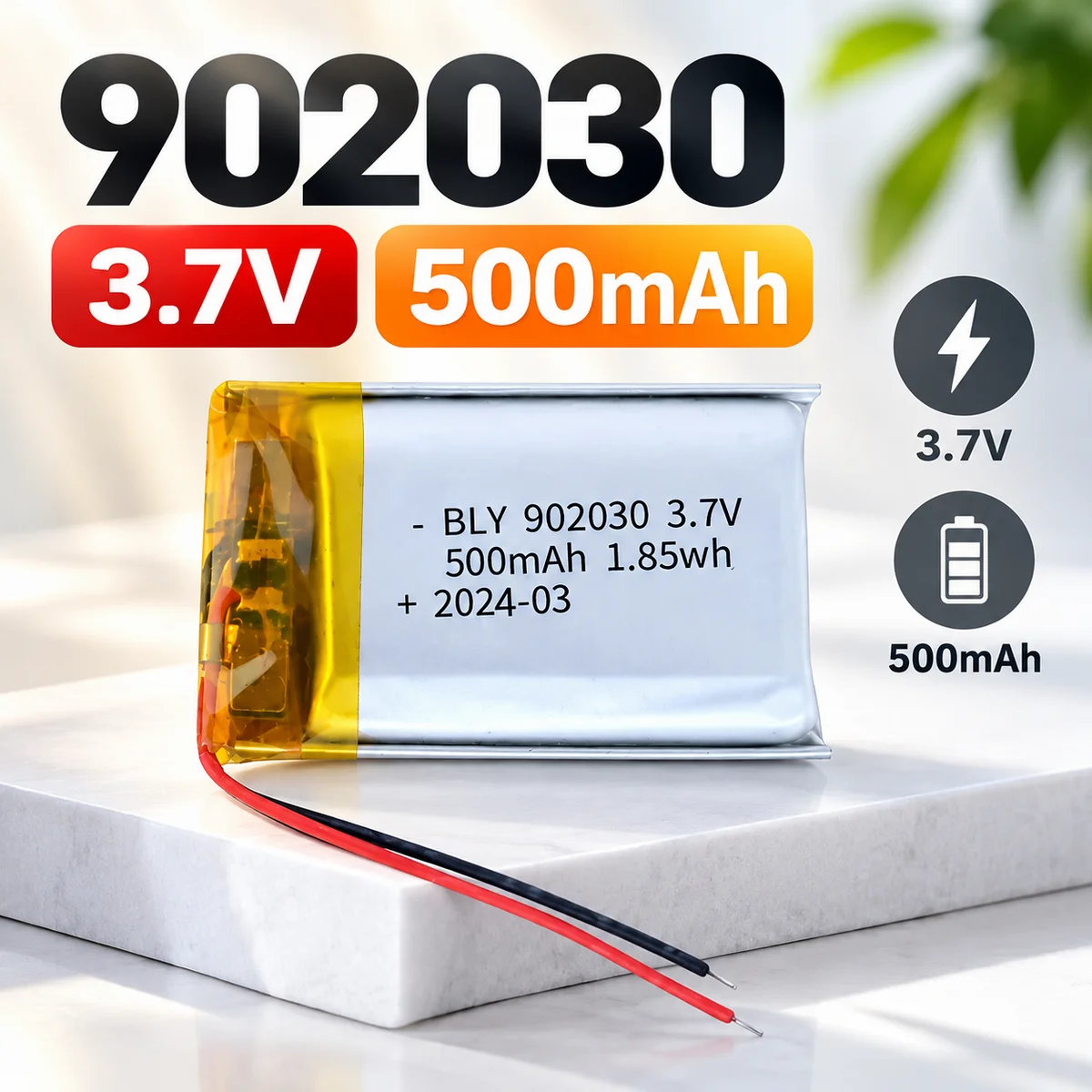 902030 500mAh 3.7V Rechargeable Polymer Lithium Ion Battery for LED Lights, Bluetooth Speakers, MP5 Players and Selfie Stick