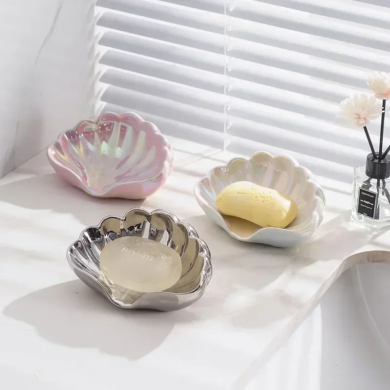 Shell Shape Ceramic Drain Soap Dish Holder Jewelry Boxes Creative Home Solid Color Soap Dishes Storage Box Bathroom Accessories