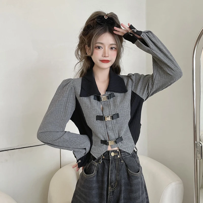 Women Chic  Fashion Metal Buckle Design Personality Crop Asymmetrical Hot Girl Streetwear Casual Patchwork