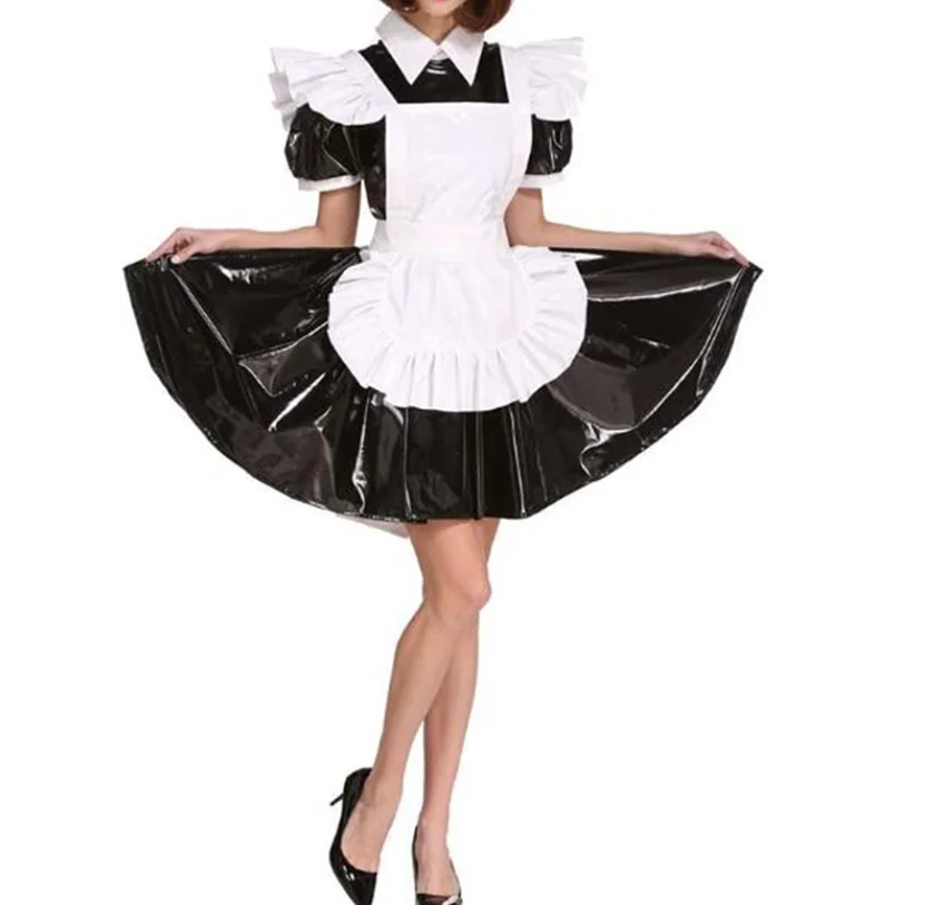 La migliore vendita Sissy Black PVC Lovely Lolita Maid Clothes French Maid CD / TV Girl giochi di ruolo i vestiti possono essere personalizzati