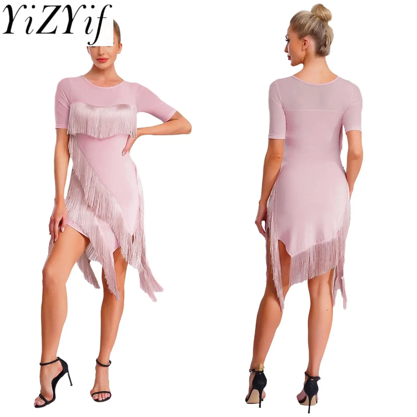 

Women Lyrical Latin Tango Samba Dance Performance Dress with Safety Shorts Tiered Tassel Dress for Chacha Rumba Salsa Dancewear