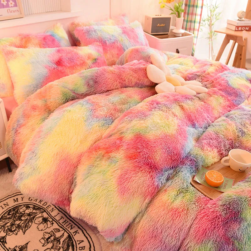 3Pcs Super Shaggy Coral Fleece Warm Cozy Princess Bedding Set Mink Velvet Duvet Cover Set Bed Comforter Cover Blanket Pillowcase