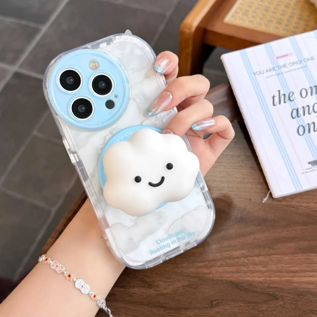 

Korean Cute Magnetic Stand holder Grip Tok Cartoon Cloud Magsafe Phone Case For iPhone16 15 14 13 Pro Max Clear Soft Back Cover﻿