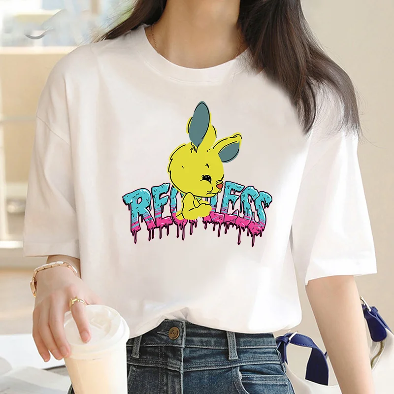 Cute bunny print women's T-shirt Summer fashion short sleeve cartoon Harajuku Street T-shirt Casual o collar top women's T-shirt