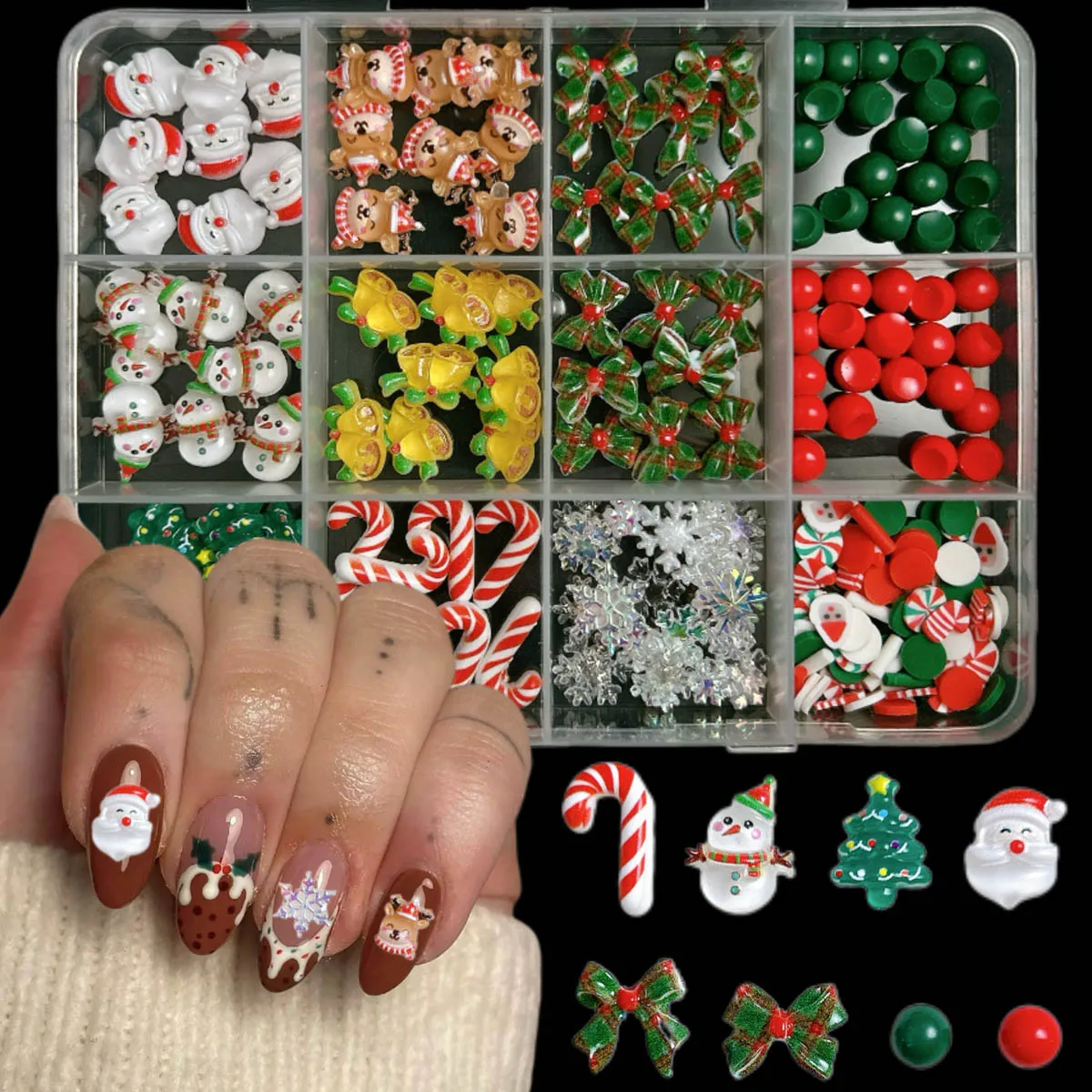 1 صندوق الكرتون الملونة الأيائل ثلج جرس الراتنج مسمار السحر ثلاثية الأبعاد Kawaii ثلج سانتا كلوز مسمار الفن زينة DIY بها بنفسك عيد الميلاد الأظافر