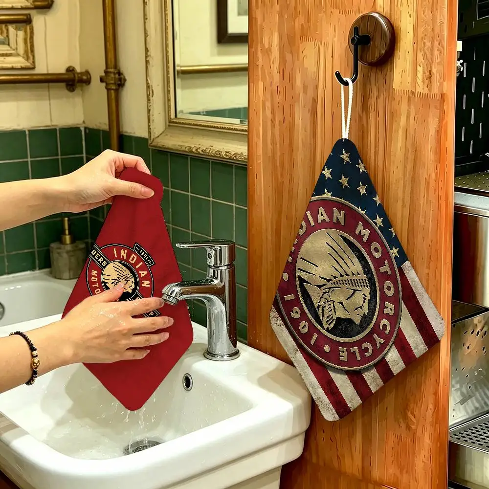 Retro I-Indians Motorcycle Hanging Kitchen Towel, Polyester Cotton Fabric, Absorbent Hand Wiping Towel for Home Dormitory
