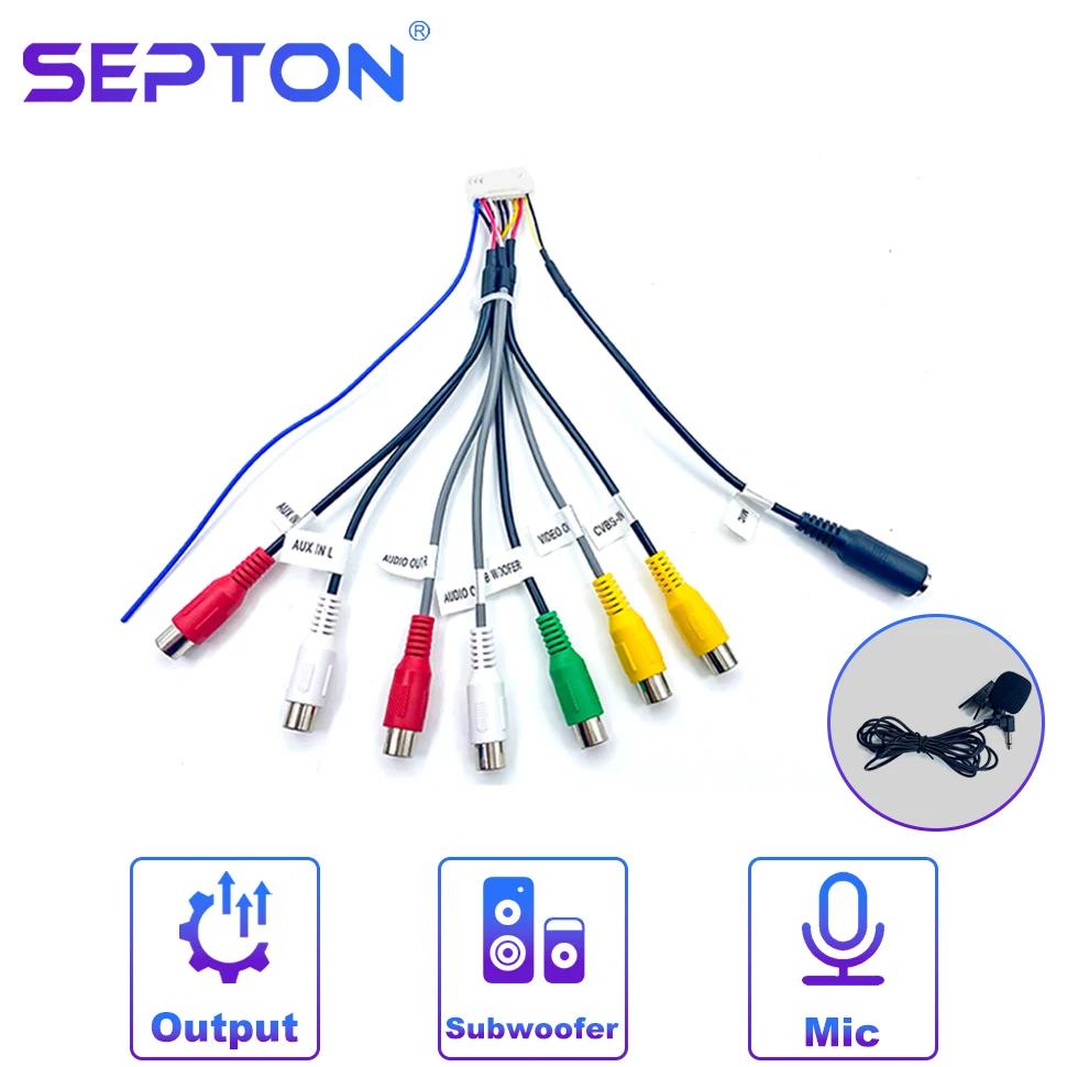 SEPTON 20-pins universele RCA-kabeladapter bedradingsconnector voor Android autoradio-uitgang kabelboom microfooninterfacelijn 3,5 mm