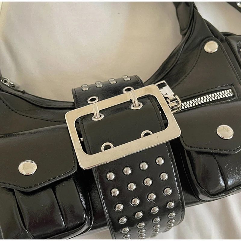 Mehrtaschen-Schultertasche mit Metallnieten, Damen-Punk-Unterarmtasche mit Nieten, Motorrad-Y2k-Mädchen-Umhängetasche mit Gürtelschnallendesign – Detail 1