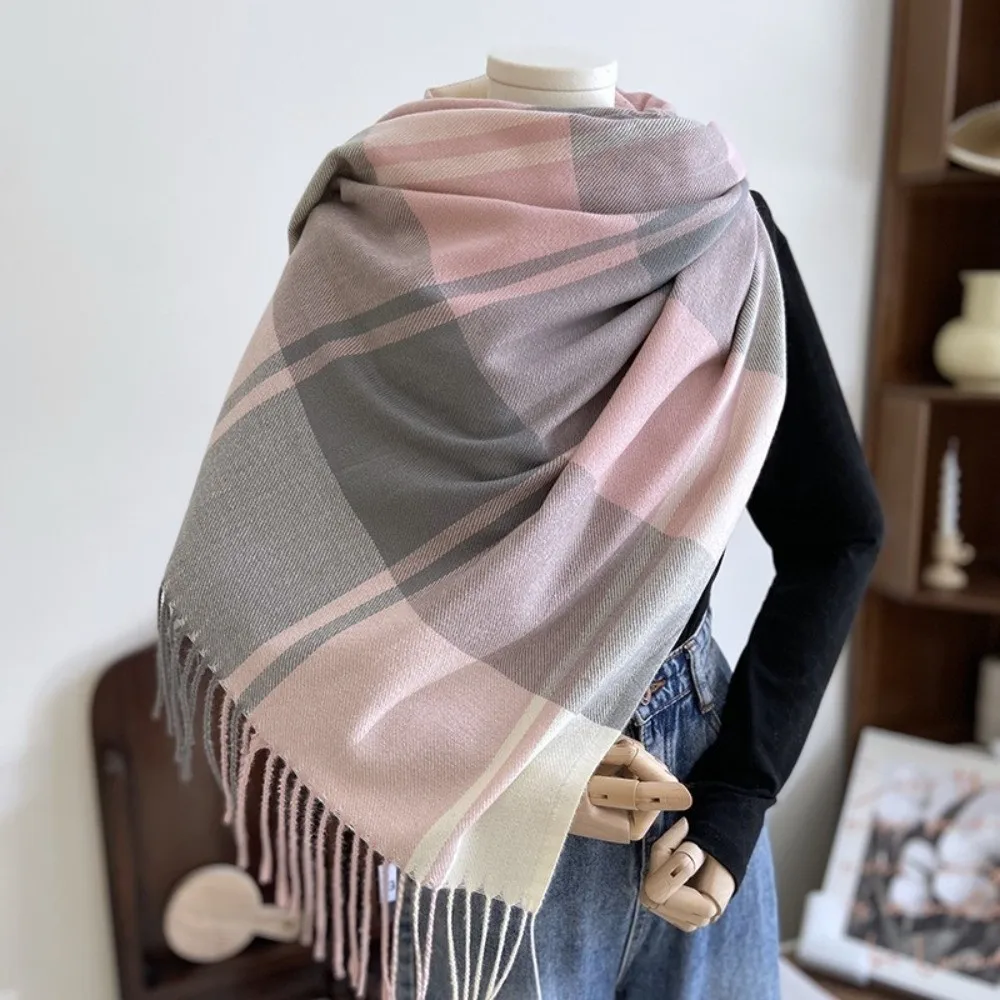 

Fashion Windproof Plaid Scarf Keep Warm Thick Imitation Cashmere Shawl Korean Style Tassel Shawl Wrap Girl