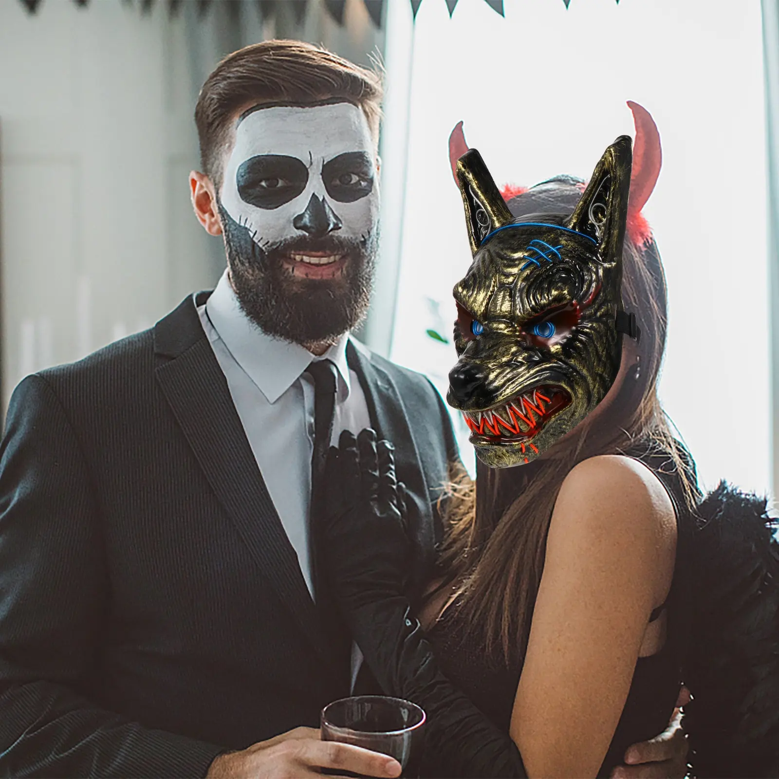 

1 шт. светодиодная маска на Хэллоуин в виде головы волка, светящаяся, страшная, легкая, для костюмированных вечеринок, концертов, маскарадов, дома ужасов