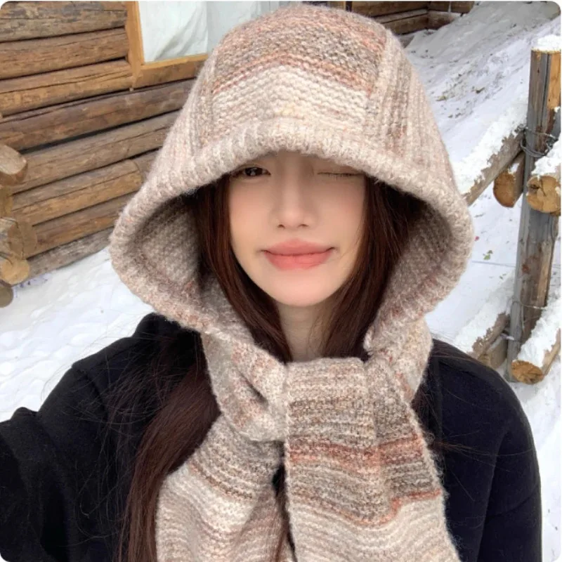 

Korean Striped Balaclava Hat Women's Winter Warm Ear Protection Scarf Integrated Neck Guard Pullover Knitted Cap