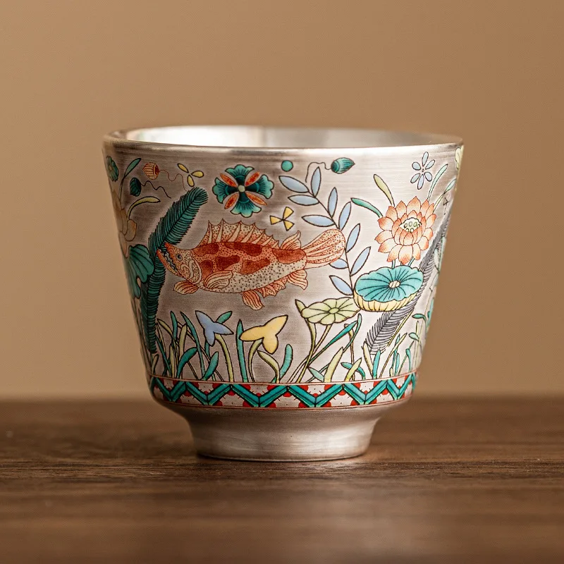 Silver Gilded Ceramic Tea Cup Fish Algae Pattern 999 Silver Master Cup Chinese Kung Fu Tea Personal Cup with Gift Box for Home