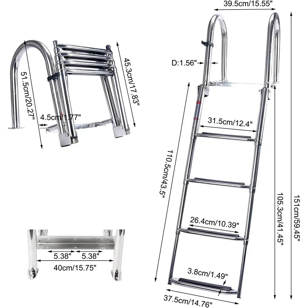 4 Step Pontoon Ladder Foldable Stainless Steel 304/316 Marine Rear Entry Telescoping Ladder Wide Steps Swim Boat Ladder