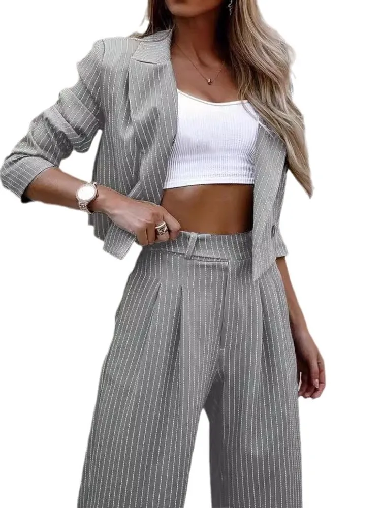 Temperament Stripe Pants Sets Women Fashion Short Blazer High Waist Straight Trousers Two Piece Set Lady Commuting Clothing Suit