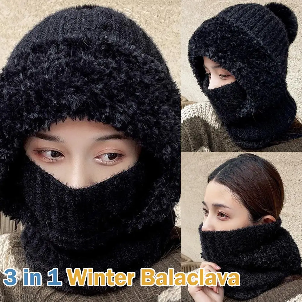 Gorro de punto grueso, bufanda, máscara de una pieza, gorro cálido de invierno para mujer, protección facial completa, pasamontañas a prueba de viento con capucha