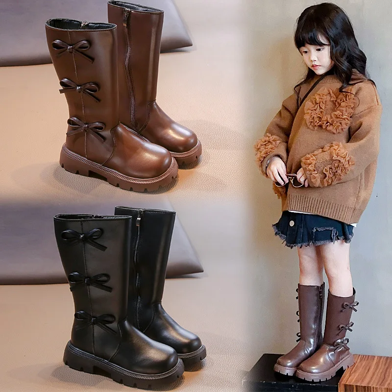 Girls Long Boots Solid Color Versatile Children Princess Boots with Bows 2024 Autumn New Fashion Mid-Calf Boots with Side Zipper