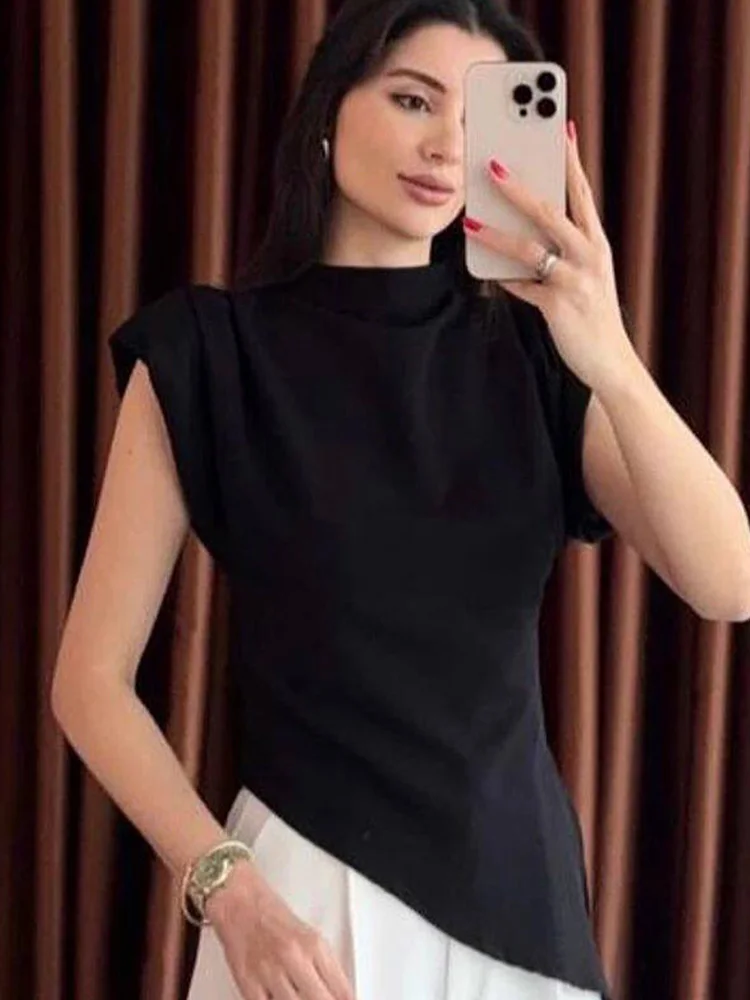 Solid color slim fit women's summer fashion asymmetrical vest high neck shoulder pad short sleeved shirt