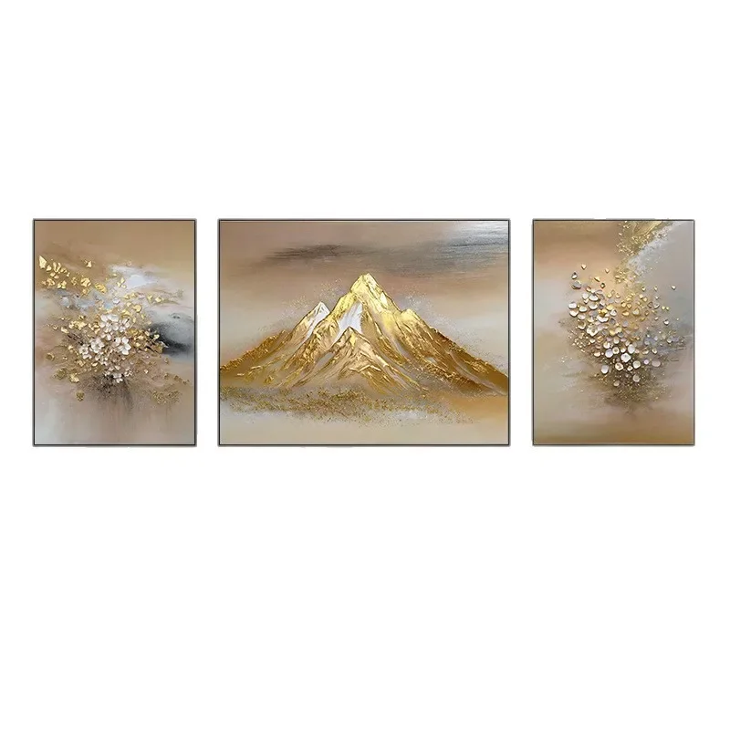 Golden flower sea warm triptych living room decorative painting Rizhao Jinshan light luxury high-end soft sofa background wall m