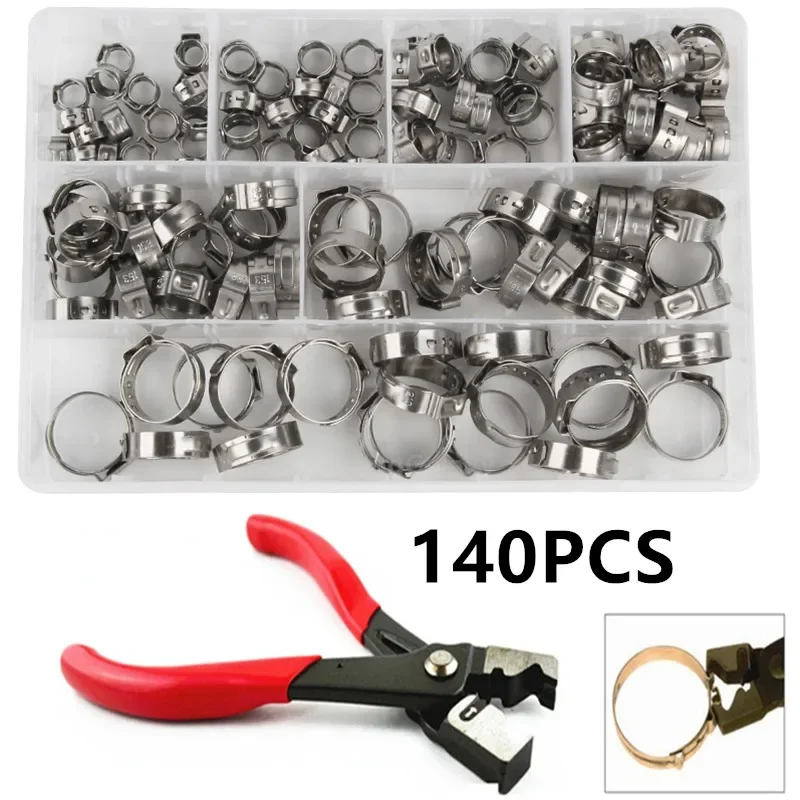 140pcs Assorted 7-21mm Single Ear Stepless Hose Clamps 1PC Hose Clip Clamp Pliers Hose Clamps Set