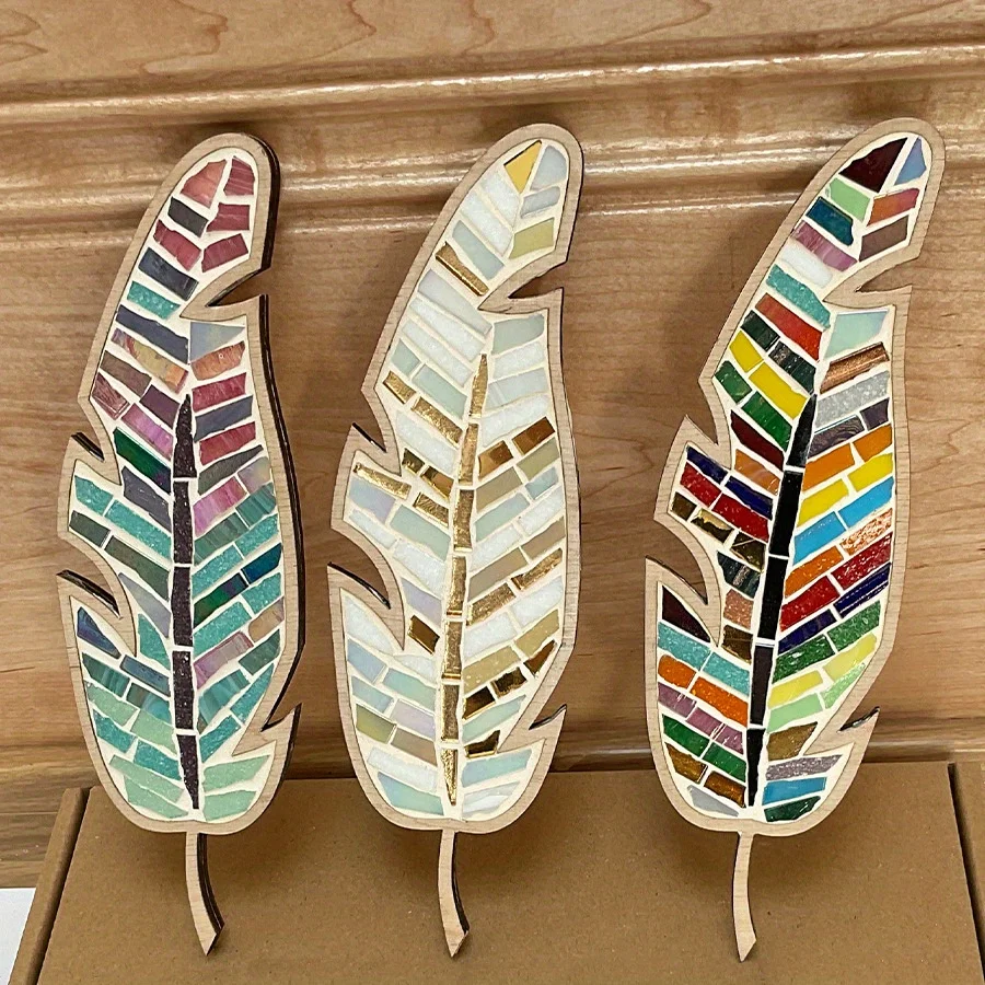 DIY Colorful Feather Wooden Acrylic Handmade DIY Coasters Student Leaf Mosaic Handwork Christmas Tree Ornaments Chritsmas Gift