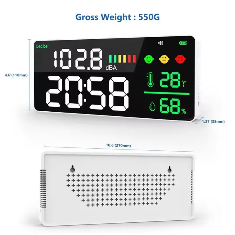 A19F-4-в-1 цифровой измеритель децибел, настенный измеритель уровня звука, измеритель шума, диапазон 30-130 дБ, 11-дюймовый большой светодиодный дисплей, многофункциональный