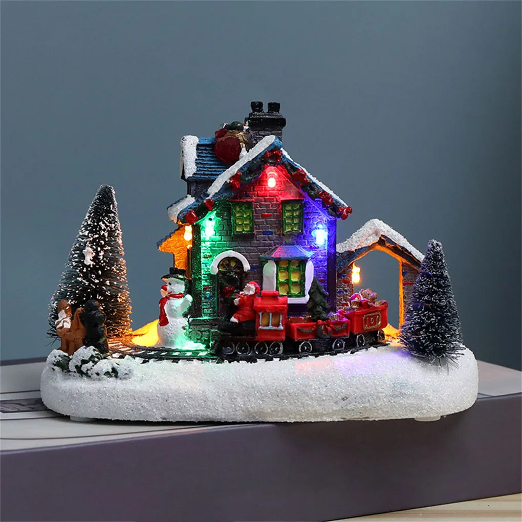 Christmas Village Figurines LED Lights Small Train Christmas Village House Luminous Landscape Figurines Resin Desktop Ornament