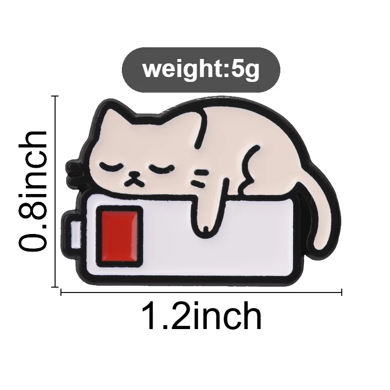 Low Battery Lying Cat Enamel Pin, Tired Kitty On Red Battery Brooch For Office Workers And Casual Bag Decoration