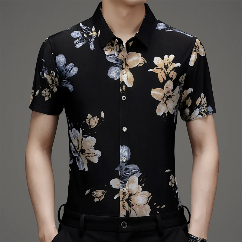 

Chinese Style Floral Print Shirts For Men Short Sleeve All Match Summer Cool Feeling Quality Slim Fit Casual Silky Chemise Homme