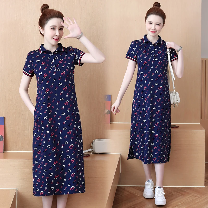 Women Cotton T-shirt ​Dresses Summer Female Polo Collar Short Sleeve Large Size Elegant Slim Knee-length Love Printed Vestidos