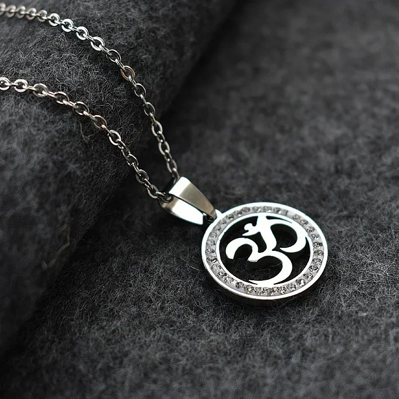 Stainless Steel OM Symbol Pendant Necklace Silver Color Pave CZ Crystal OM Yoga Long Chain Necklace Jewelry for Women Men