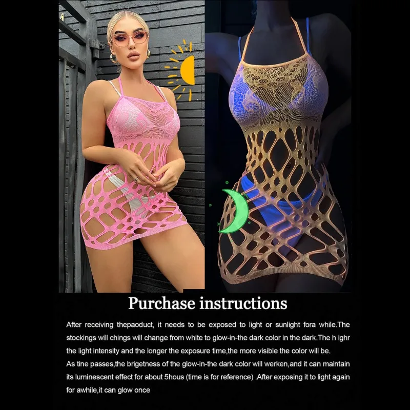 European and American Fluorescent Powder Night Light Flirting Suspender Fun Net Clothes Can Be Torn Sexy Hollow Out and Glowing