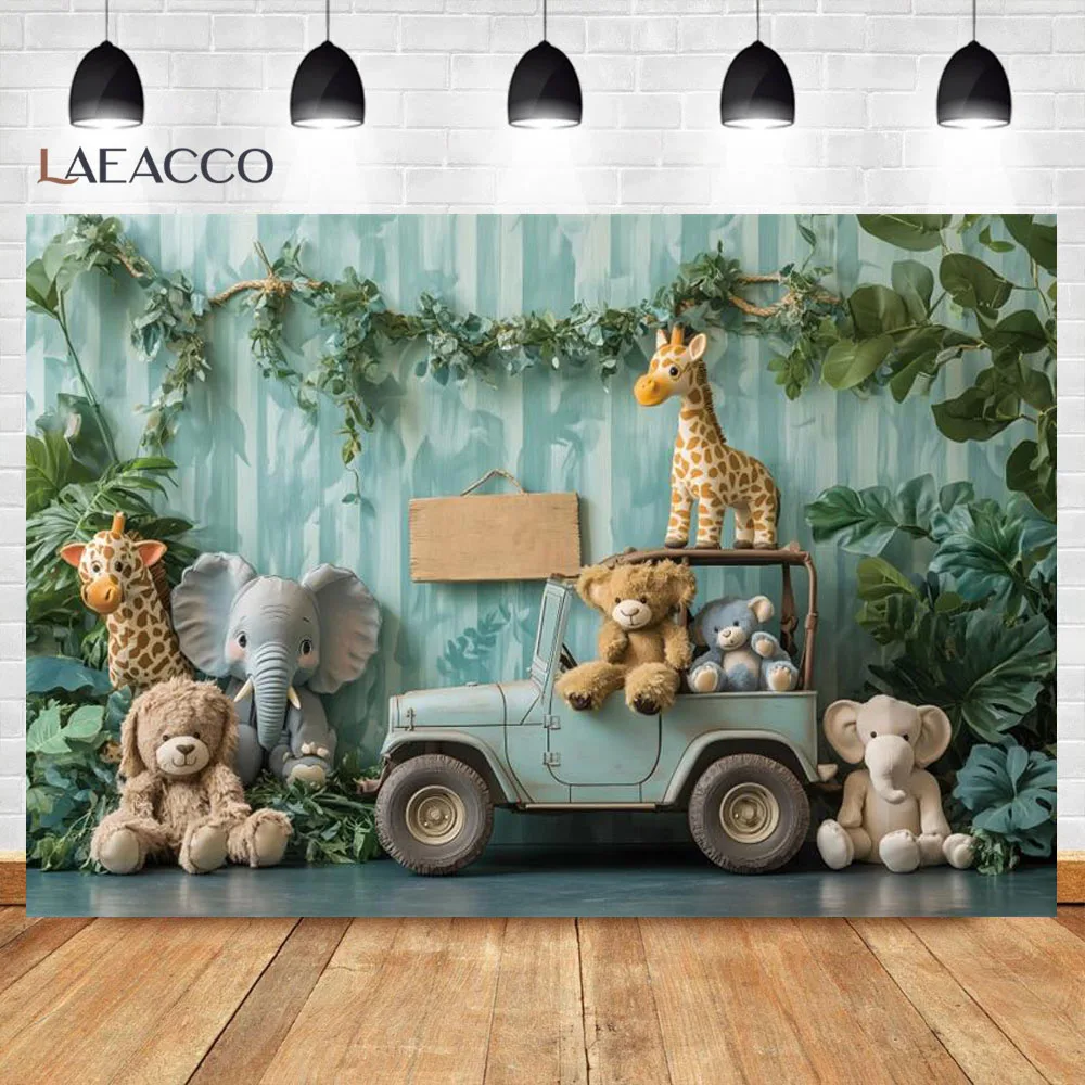 خلفية حيوانات الغابة سفاري غابة الحيوانات موضوع حفلة أطفال عيد ميلاد الطفل دش الأزرق شاحنة ديكور التصوير خلفية