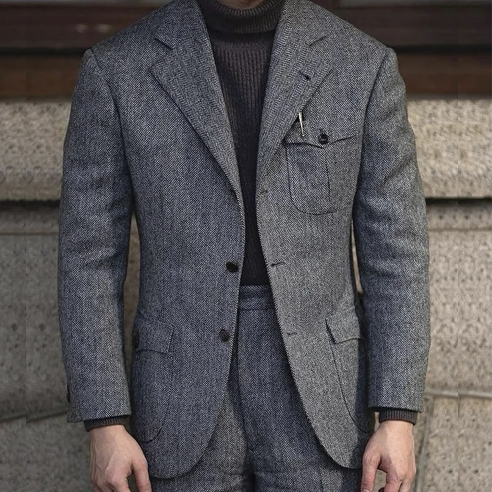 

Formal Grey Men's Suits High Quality Tweed Single Breasted Notch Lapel Slim Fit Blazer Elegant 2 Piece Jacket Pants Sets Terno