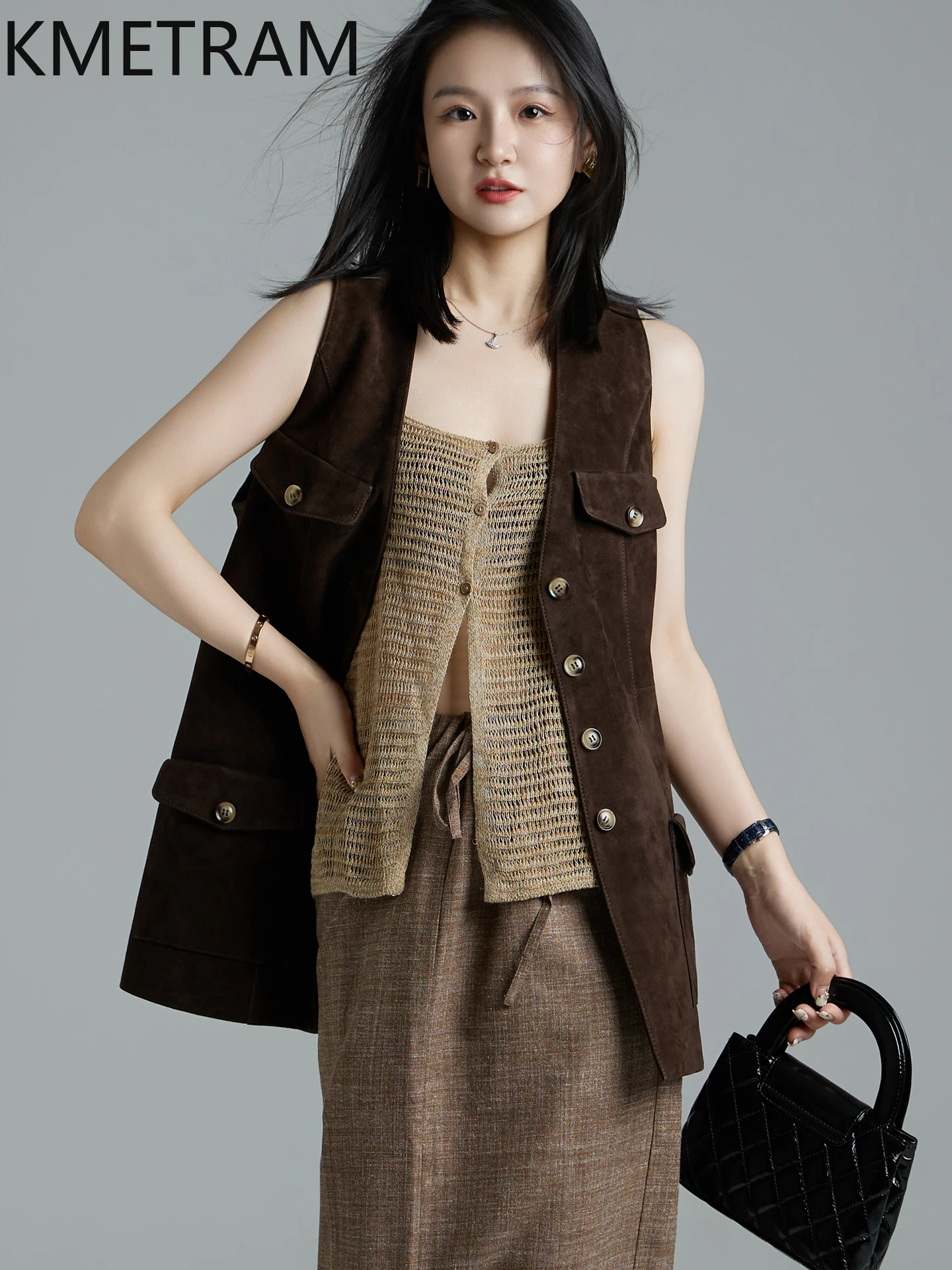 KMETRAM 100% Natural Sheepskin Reverse Suede Vest Mid Length Women Genuine Leather Jacket 2025 Autumn New Outerwears ropa mujer