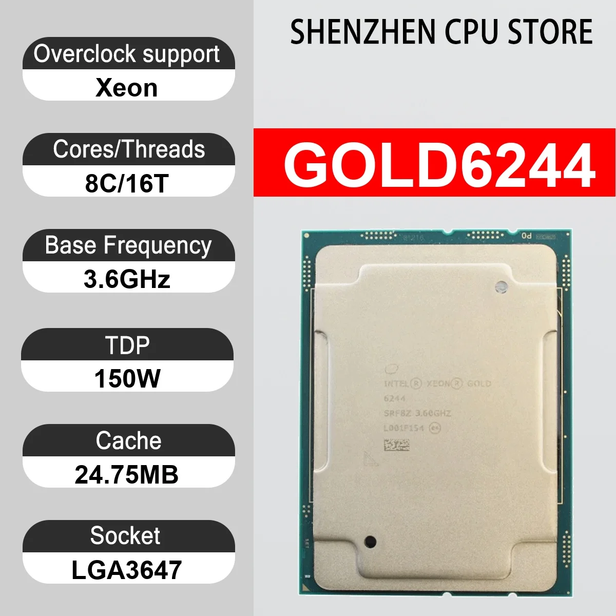 Intel Xeon GOLD6244 8 Core 16 Thread 3.6GHz 150W 24.75MB Cache 14nm LGA3647 SRF8Z DDR4 2933 MHz Cascade Lake