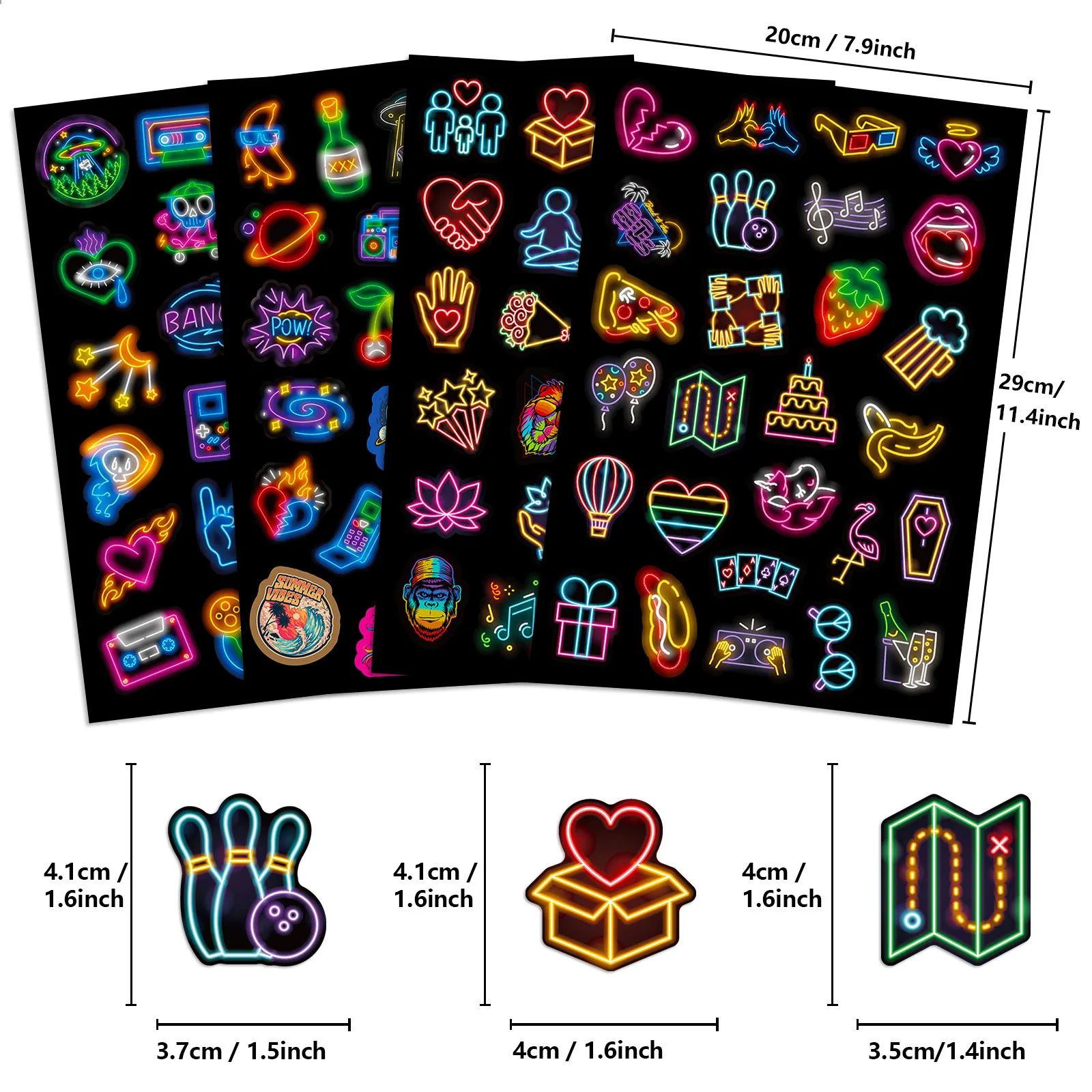 100 flat mixed neon stickers, personalized and creative, colorful neon graffiti stickers DIY 4 sheets/pack