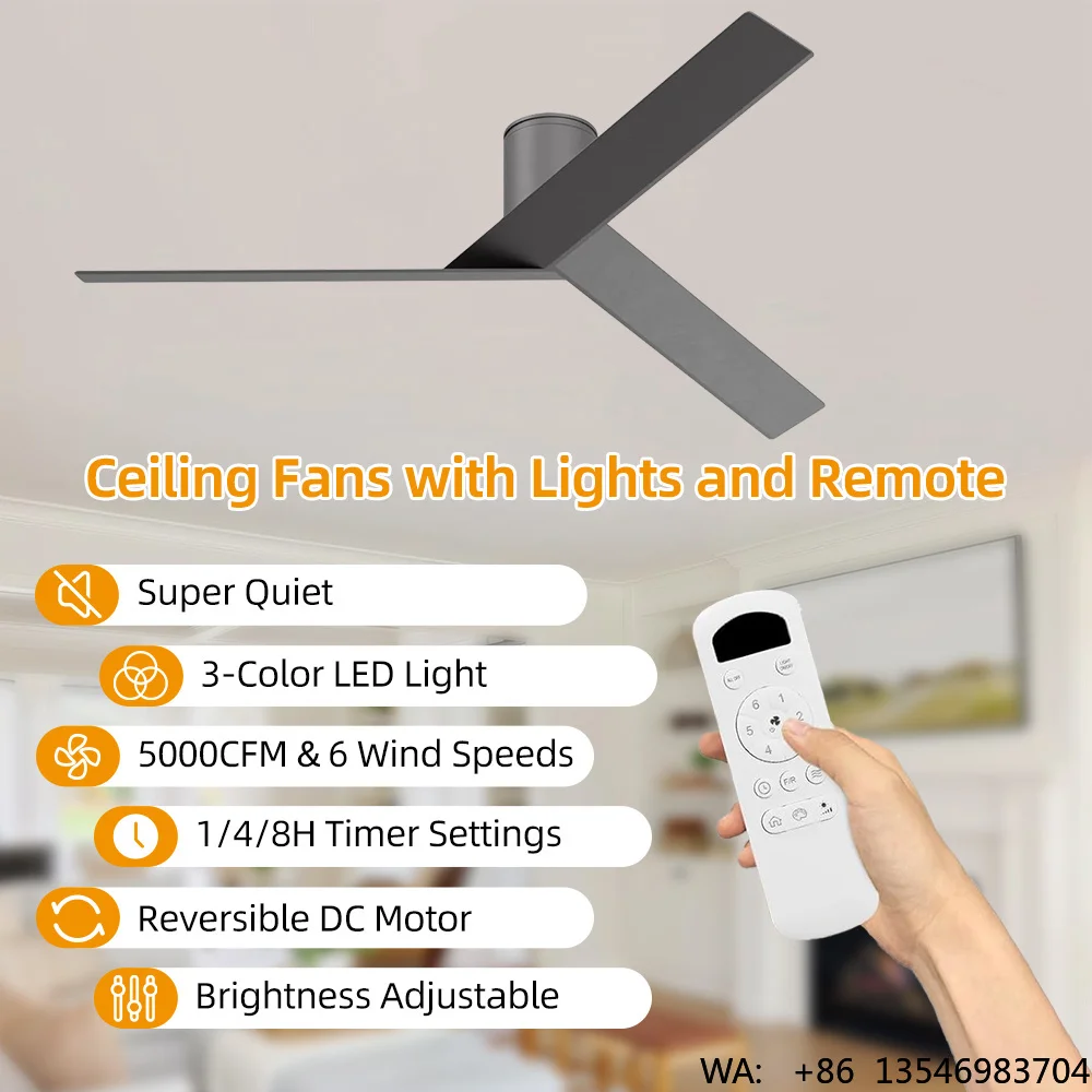 Smart Flush Mount Ceiling Fan 3 ABS Blades DC Motor Remote Control Energy Saving No Light Ventilador De Techo