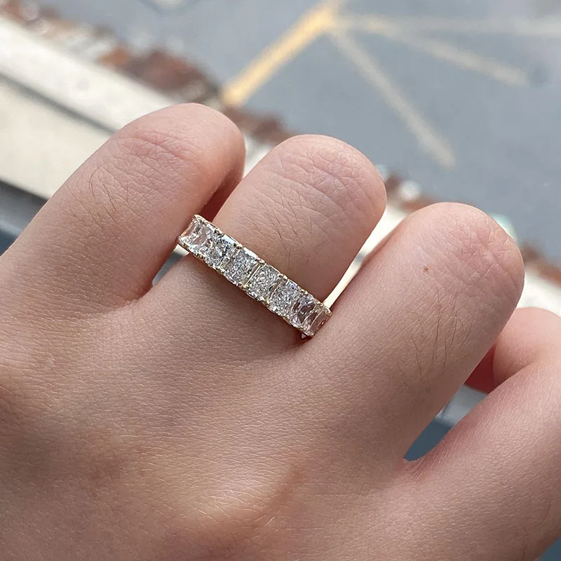 Real 14k Yellow Gold 0.2CT Each Radiant Cut HPHT Lab Grown Diamond 11pcs Diamond U-Prong Half Wedding Band For Women Jewelry