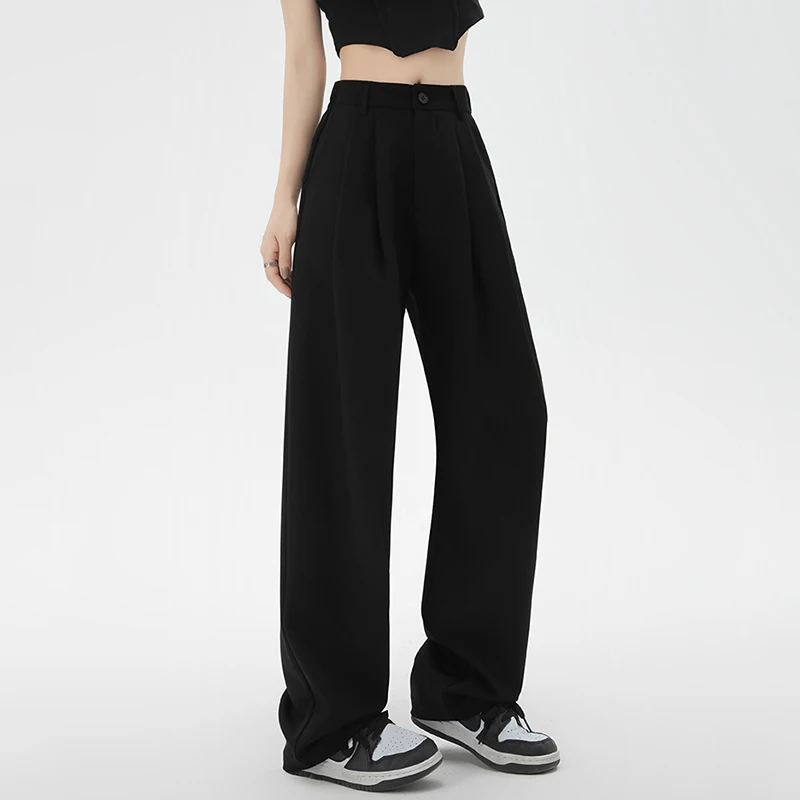 ربيع الخريف عالية الخصر مستقيم دعوى السراويل النساء الكورية نمط فضفاض واسعة الساق السراويل امرأة جيب الصلبة السراويل مكتب السيدات